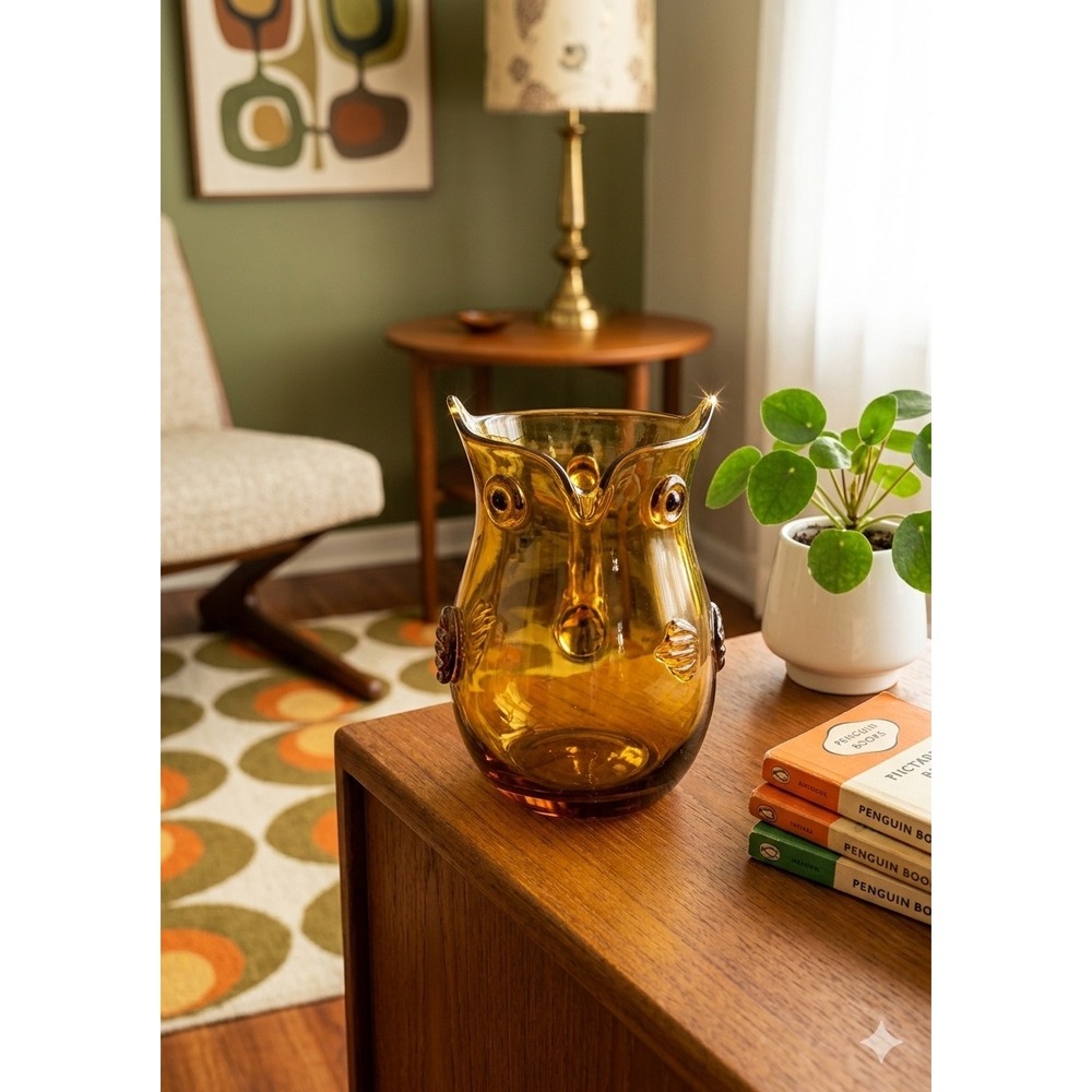 Vintage Pier 1 Amber Art Glass Owl Vase Pitcher Mid Century Modern‎ Decor 8in